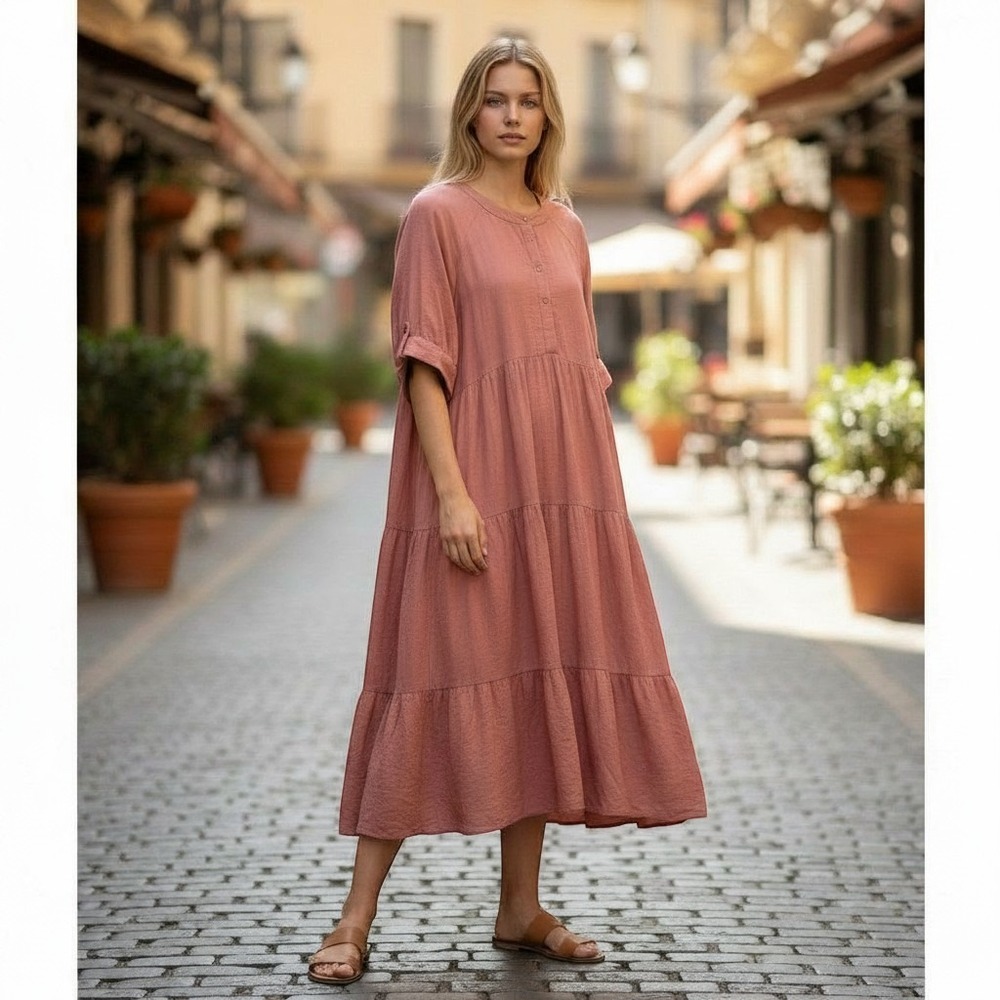 Wonderly Women XXL Coral Tiered Maxi Dress Short Sleeve Boho Peasant Flowy
